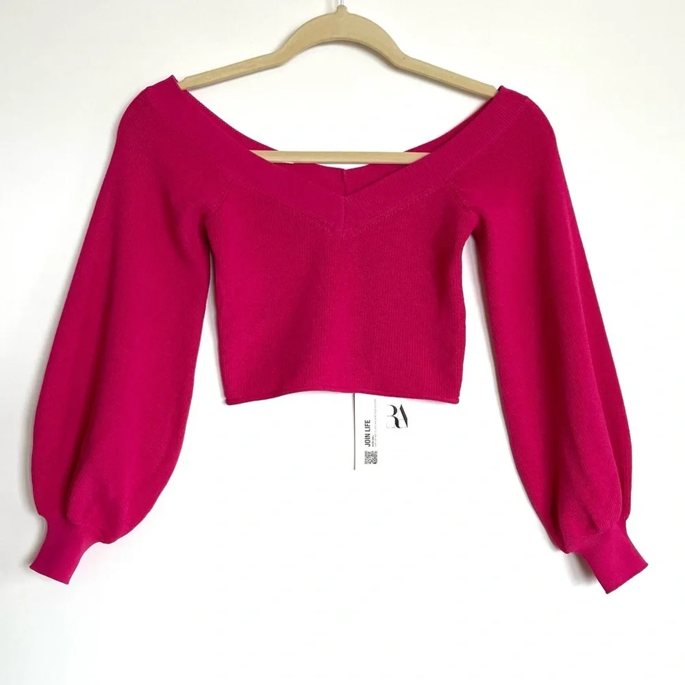 ZARA pink baloon sleeve cropped sweater NWT
